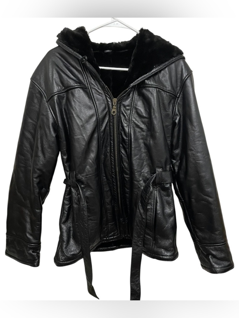 Vintage Wilsons leather heavy jacket belted faux fur lined black